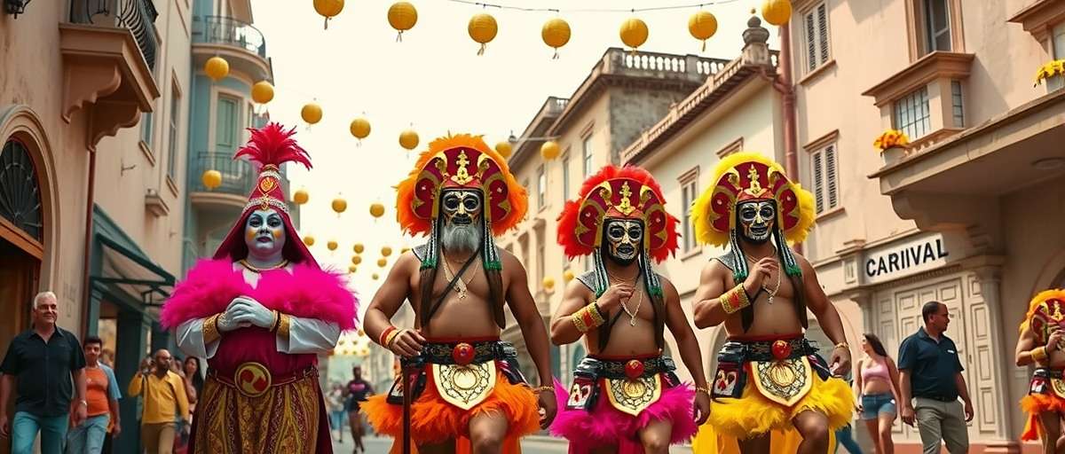 Goa Gladiators Carnival Event Goa Gladiators Goa Carnival event showing characters in colorful carnival costumes parading through virtual streets of Panaji with festive decorations