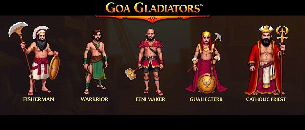 Goa Gladiators Character Classes Goa Gladiators character selection screen showing various Gladiator classes including Fisherman Warrior, Feni Maker, and Catholic Priest with traditional Goan attire